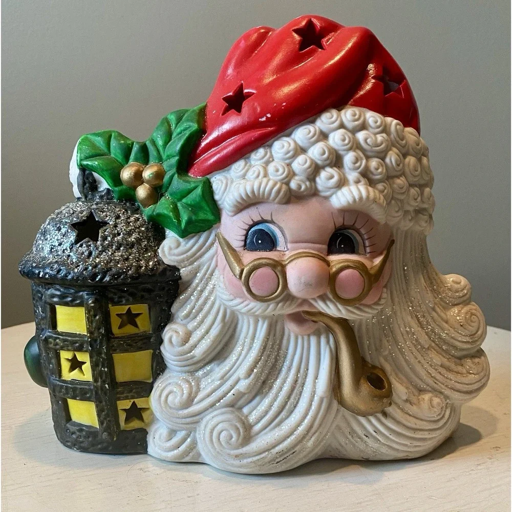 Santa With Pipe And Lantern Porcelain Light Up‎